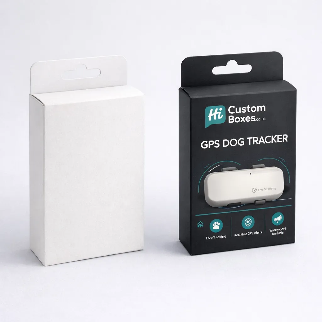Two rectangular white retail boxes with hinged lids, displaying custom pet tracking technology graphics. class=